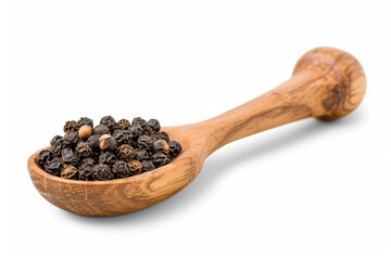 a wooden spoon filled with black pepper on top of a white surface