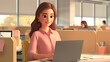© Rasheed - 3D woman character engaged with her laptop, with an office background showing cubicles and workstations, plain beige setting