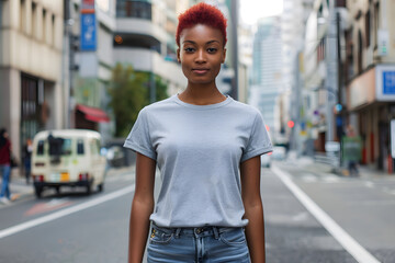 Wall Mural - T-Shirt Mockup for Young Women, Female Model T-Shirt Mockup, Casual T-Shirt Mockup, Editable T-Shirt Mockups: Easily Customize Your Designs on a Young Woman, Eye-Catching T-Shirt Mockups