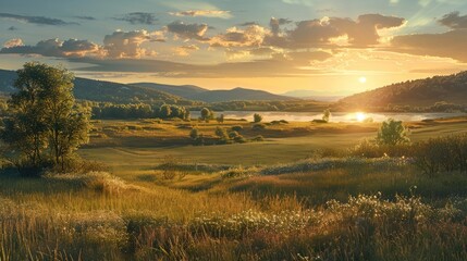 Wall Mural - Scenic summer view featuring fields woods hills and a lake under the gentle setting sun Exploration of the great outdoors in a serene environment with pristine air and water