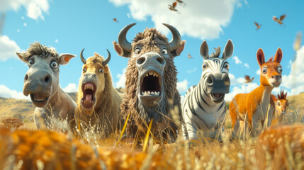 Group of animated animals with surprised expressions standing together in a grassy field under a clear blue sky.