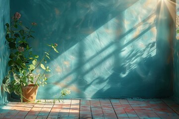 Sticker - Minimalist room with teal textured wall, potted plant, and sunlight casting shadows, creating a calm and serene atmosphere