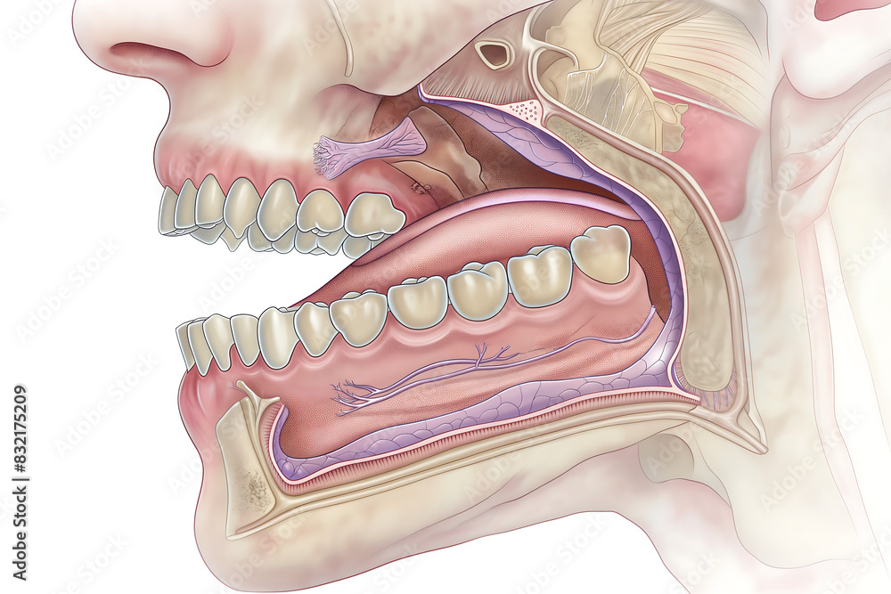 Detailed anatomical illustration of human oral cavity showing teeth