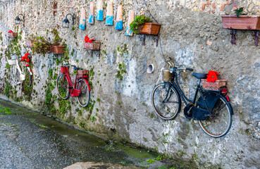 green wall decorated with old vintage colorful bicycle with flower pots and art