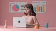 © Rasheed - 3D woman character focused on her laptop, with financial projections and forecasts in the background, plain soft pink setting
