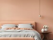 © Five Million Stocks - Bedroom in Delicate Peach Fuzz Color Trend 2024 with Panton Furniture and Accent Wall. Modern Luxury Room Interior for Home or Hotel. Empty Warm Apricot Paint Background for Art. 3D Render.