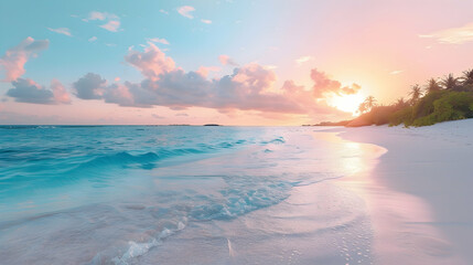 Wall Mural - Sea and Sky banner with Serene Sunrise Beach in the Indian Ocean. Luxury Holiday Environment.