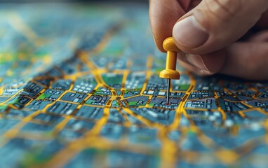 Close-up of a hand placing a yellow pushpin on a city map, highlighting a specific location among detailed street paths.