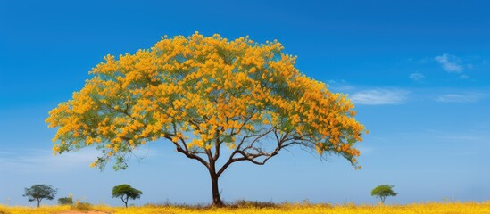 Poster - yellow flowers of Tipuana tipu tree. Creative banner. Copyspace image