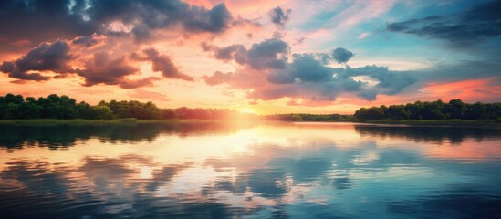Wall Mural - sunset at river. Creative banner. Copyspace image