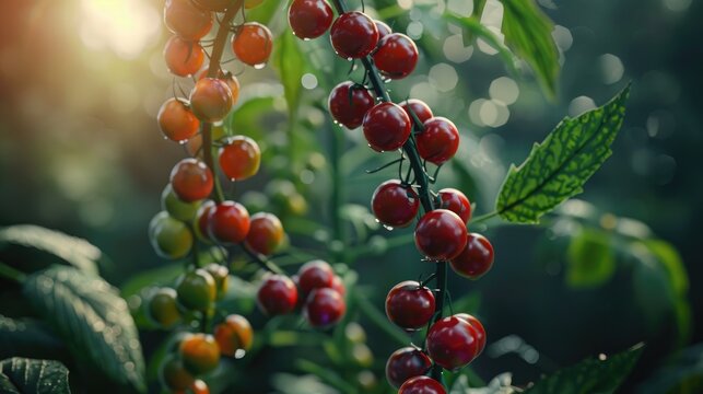 Vibrant red and green cherry tomatoes growing on a vine, with sunlight filtering through the leaves, creating a fresh and natural scene.