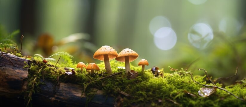 Wet from the rain beautiful mushrooms in the green summer forest. Creative banner. Copyspace image