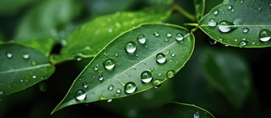 Poster - The water droplets from the rain that stuck on the leaves after the rain stopped falling. Creative banner. Copyspace image