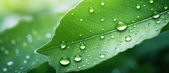 Poster - Green leaf with water drops. Creative banner. Copyspace image