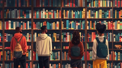 illustration of four students with backpacks standing in front of a tall, fully stocked bookshelf, exploring and selecting books.