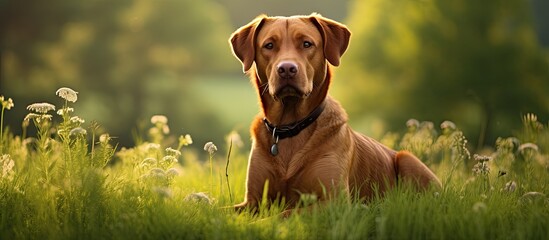 Wall Mural - Portrait of a fox red labrador retriever sitting on a green meadow. Creative banner. Copyspace image