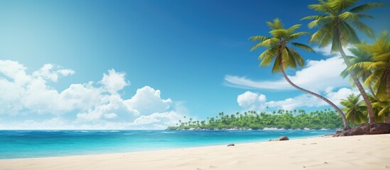 Poster - Coconut trees on sandy beach with blue sky. Creative banner. Copyspace image