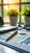© Fay Melronna  - Close-up of financial documents with charts, pen, and glasses on a desk by the window. Perfect for business and finance concepts.