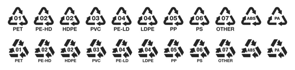 Set of plastic recycle icon collection isolated on a transparent background. Ecological codes marks and zero-waste mindset. Set of recycling symbols for plastics. Vector illustration