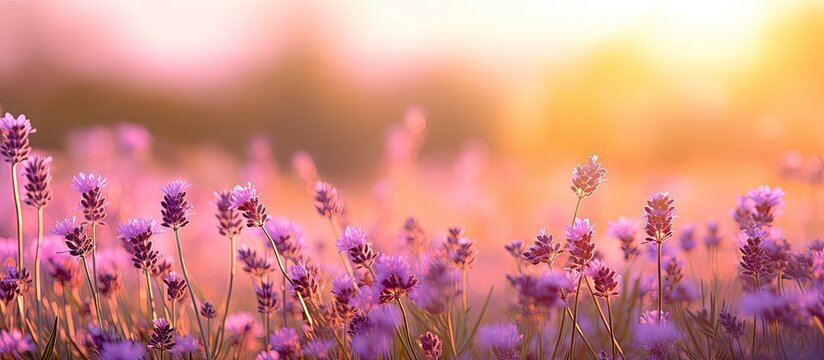 close up lot of asia lavender flowers at outdoor sunrise garden. Creative banner. Copyspace image