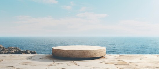 Aufkleber - Stone rocky pedestal or podium in front of sea ocean background Empty product template Summer vibe Mock up Stage for advertising. Creative banner. Copyspace image