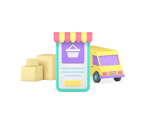 Sticker - Online shopping marketplace smartphone application order delivery 3d icon realistic vector