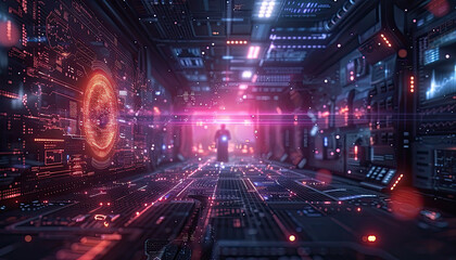 Wall Mural - a futuristic cityscape with neon lights and glowing computer screens by ai generated image