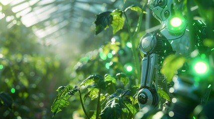 AI-powered robots detecting pest infestations in a greenhouse, in a photorealistic style, with vibrant green hues. --ar 16:9 --style raw Job ID: bd9aa3e2-8910-4919-9fc3-b6648ce6cf95