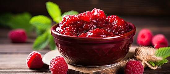 Wall Mural - Bowl with tasty homemade raspberry jam on table. Creative banner. Copyspace image