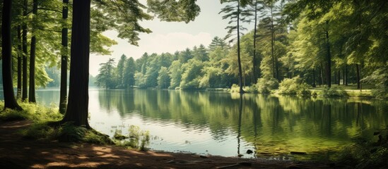 Poster - Green forest on the lake shore on a summer day. Creative banner. Copyspace image