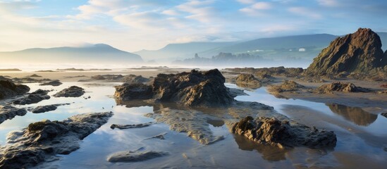 Canvas Print - rocks near the coast visible at low tide in the morning. Creative banner. Copyspace image