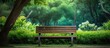 © HN Works - Street park bench and wooden floor A bench made of wood against the background of a lawn Urban interior A place to relax in the fresh air. Creative banner. Copyspace image