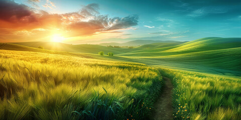 Scenic path winding through lush green hills at sunset with vibrant sky and glowing sunlight
