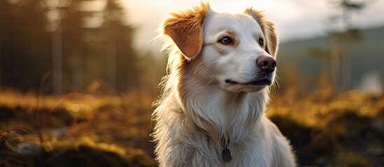 Wall Mural - Dog portrait Yellow white color dog blurred background selected area forest background. Creative banner. Copyspace image