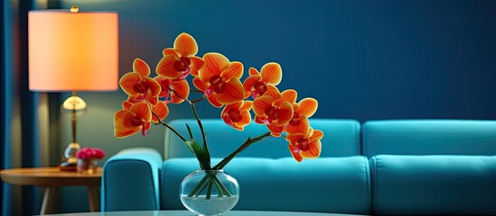 Wall Mural - yellow pink red orange beautiful delicate orchid in a cozy bright blue living room in a beautiful house with ambiente. Creative banner. Copyspace image