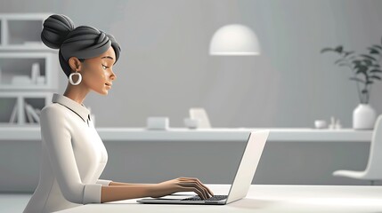 3D woman character typing on a laptop, with an office background featuring a creative brainstorming area, plain steel grey setting