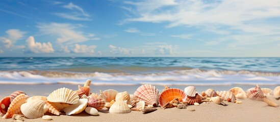 Wall Mural - Sea shells on sand Summer beach background. Creative banner. Copyspace image