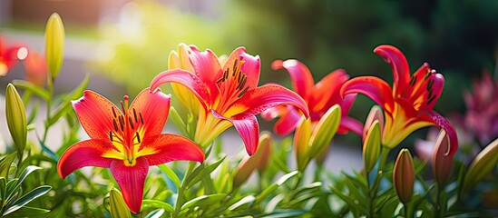 Poster - Red lily flowers which are bright and exotic in the backyard garden at home. Creative banner. Copyspace image