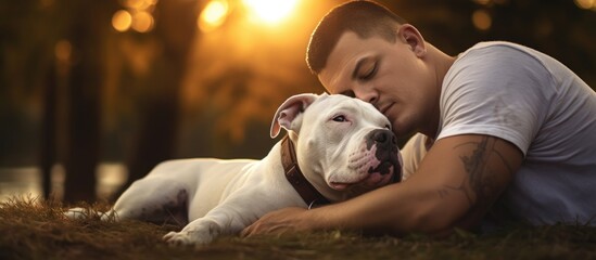 Poster - portrait of a beautiful white dog of the pit bull breed Staffordshire terrier on a walk in the park the owner resting stroking her. Creative banner. Copyspace image