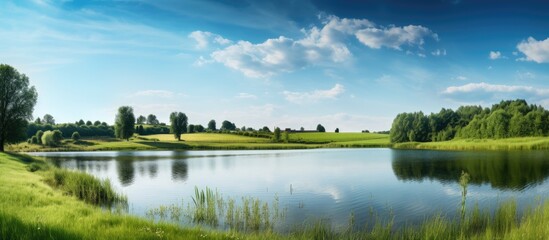 Canvas Print - small quiet lake among fields at the summer day. Creative banner. Copyspace image