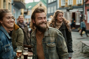 Poster - Group of friends having a good time together in the city. They are laughing and drinking beer.