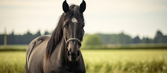 Sticker - Profile of black horse on the farm. Creative banner. Copyspace image