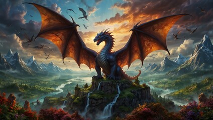  majestic dragon with red and blue scales sitting on a rocky mountaintop