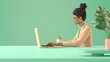 © Rasheed - 3D woman character typing on a laptop, with a plain mint green background and a stylish, modern desk