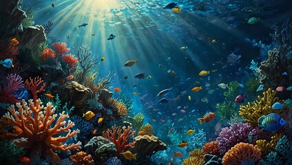 Wall Mural - a colorful underwater scene with many types of fish swimming around a coral reef.