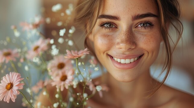 Close-up portrait of a cheerful young woman with freckles and a bouquet of pink flowers, conveying happiness