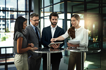Poster - Business people, meeting and discussion with tablet in office for legal advice, planning or report. Lawyer, teamwork and employees with tech at law firm for court case, review or feedback of evidence