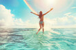 © bit24 - Happy woman in swimsuit jumping in water at the sea. Summer day.