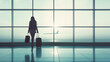 © Bonsales - Silhouette of woman with suitcases at airport terminal watching plane take off. Calm and reflective atmosphere