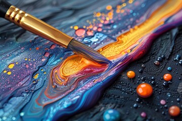 Artist's palette and brushes resting on the table, as a brush meticulously applies vibrant rainbow watercolor onto a canvas, each stroke a testament to the artist's skill and creativity